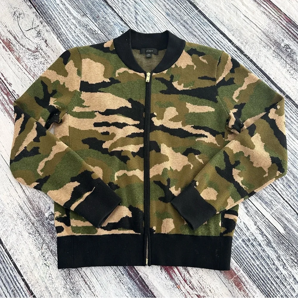J. Crew Camouflage Bomber Knit Merino Wool Blend Jacket